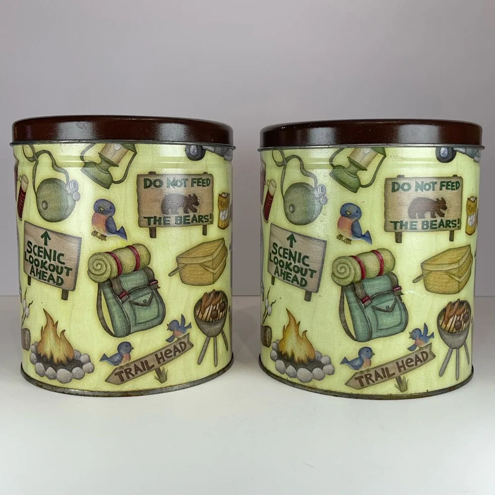 Camping theme empty reusable tins, set of 2